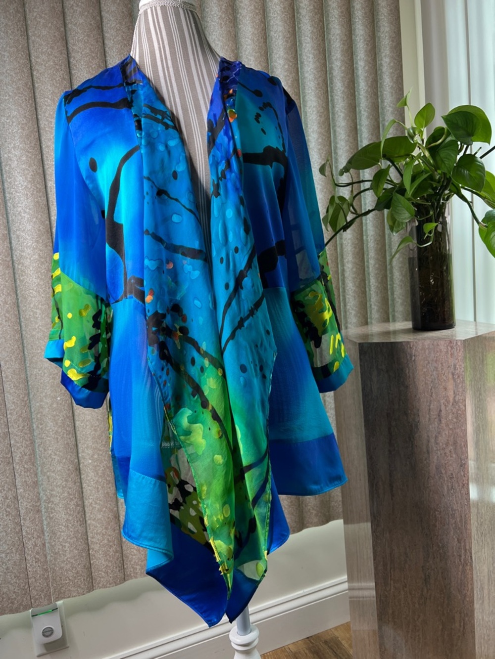 Simply Silk Bright Blue & Green Watercolor Draped Kimono painterly OS